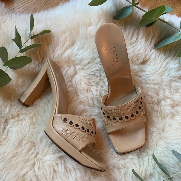 L’Idea Beige Leather Y2K Embellished Mule Slides - Picture 7 of 10